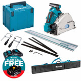 Makita DSP600ZJ Twin 18V LXT 165mm Cordless Plunge Saw with 2x 5.0Ah Batteries, Charger, Makpac Case and 1.5m Guide Rail with Accessories