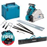 Makita DSP600ZJ Twin 18V LXT 165mm Cordless Plunge Saw with 2x 6.0Ah Batteries, Charger, Makpac Case and 1m Guide Rail with Accessories