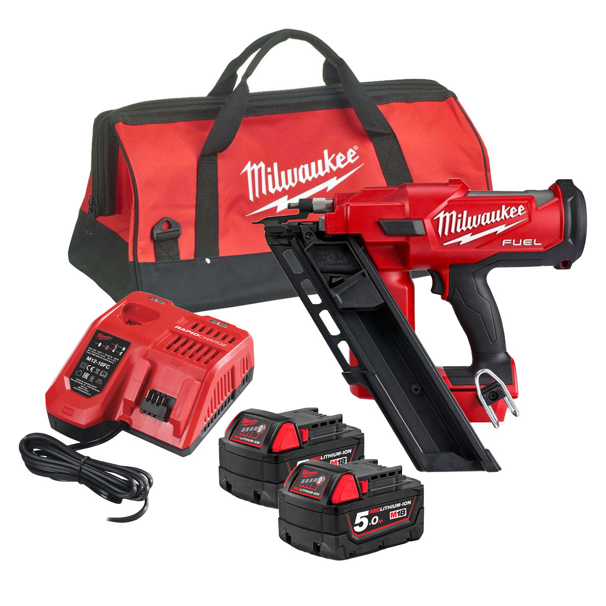 Milwaukee M18FFN-502X 18V Fuel First Fix Angled Nail Gun with 2x Batteries