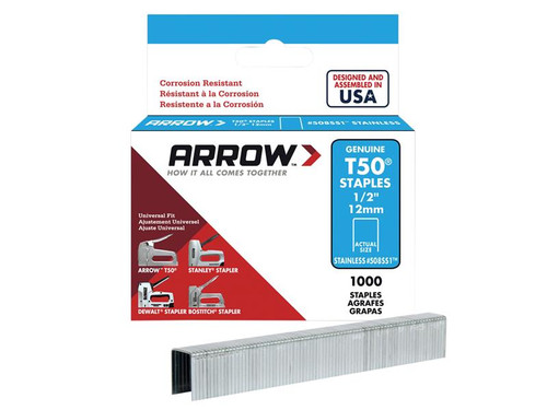 Arrow ARRT5012SS T50 Staples Stainless Steel 508SS 12mm (1/2in) Box 1000 | Toolden