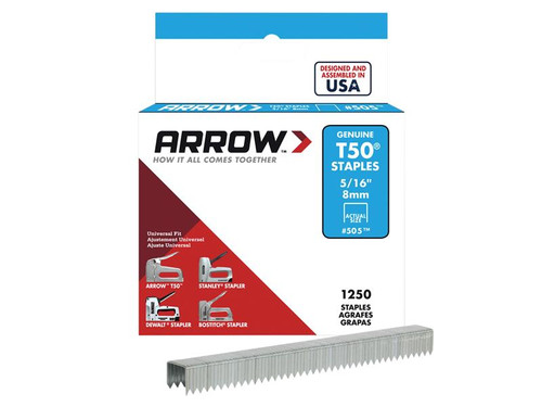 Arrow ARRT50516S T50 Staples 8mm (5/16in) Box 1250 | Toolden