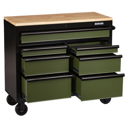 BUNKER® by Draper 08221 Workbench Roller Tool Cabinet, 7 Drawer, 41", Green