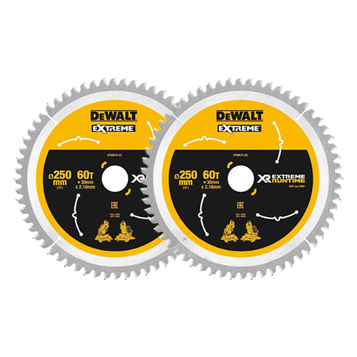 DeWalt DT99573 XR 250 x 30mm 60T Extreme Runtime Circular Saw Blade (2 Pack)