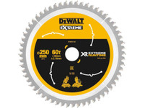 DeWalt DT99573 XR 250 x 30mm 60T Extreme Runtime Circular Saw Blade (5 Pack) 
