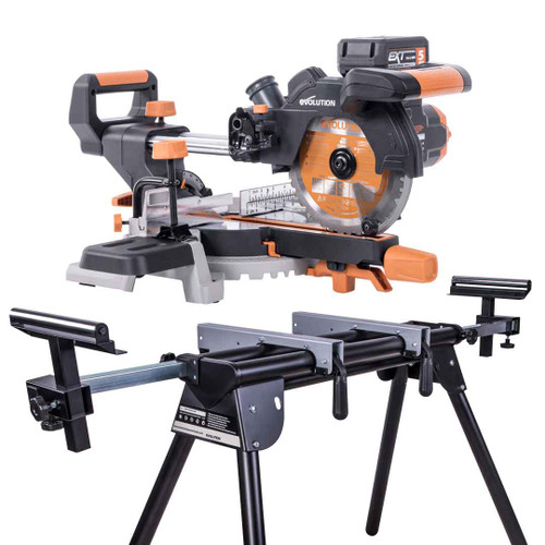 Evolution Cordless R185SMS-Li 185mm Sliding Mitre Saw with Stand & 4.0Ah Battery
