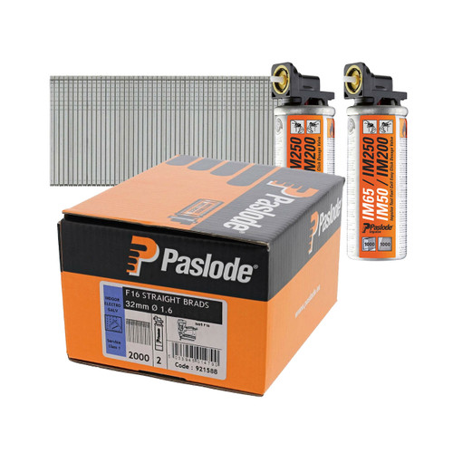 Paslode 921588 F16 1.6mm x 32mm Galvanised Straight Brad Nails (2000 Pack & 2 Fuel Cells)