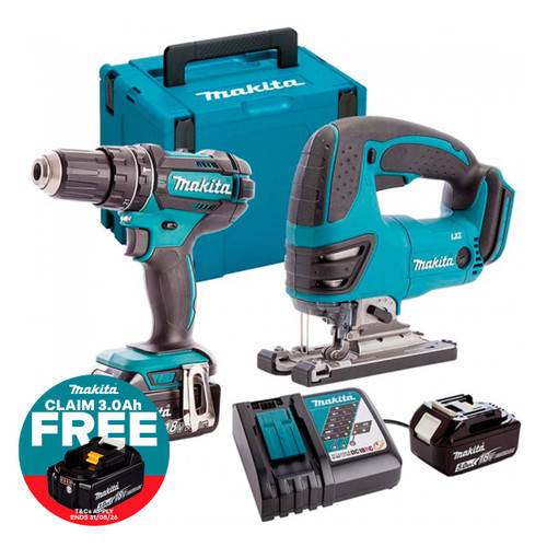 Makita DLX2134TJ-2 18V Combi Drill & Jigsaw Twin Pack with 2 x 5.0Ah Batteries & Charger in Case | Toolden