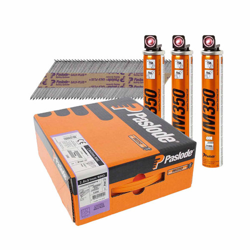Paslode IM350 2.8mm x 51mm Galvanised-Plus® Ring Shank Nail Fuel Pack 141204 (3300 Pack + 3 Fuel Cells)