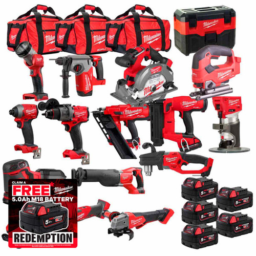 Milwaukee M18KIT1 18V Cordless 15 Piece Kit with 5x 5.0Ah Batteries