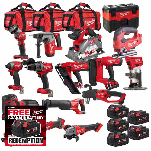 Milwaukee M18KIT1 18V Cordless 15 Piece Kit with 5x 5.0Ah Batteries
