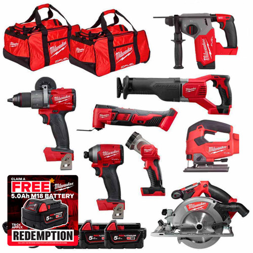 Milwaukee M18KIT3 18V Cordless 8 Piece Kit with 3x 5.0Ah Batteries