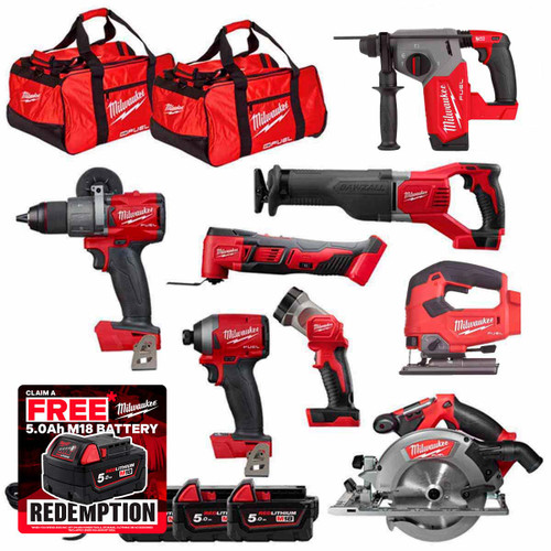 Milwaukee M18KIT3 18V Cordless 8 Piece Kit with 3x 5.0Ah Batteries