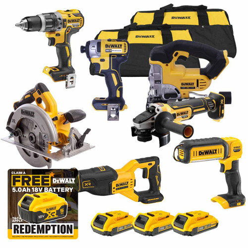 DeWalt 18V XR 7 Piece Power Tool Kit with 3 x 2.0Ah Batteries