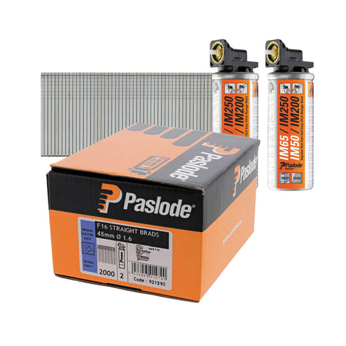 Paslode IM65 F16 1.6mm x 45mm Electro Galvanised Straight Brad Nails 921590 (2000 Pack & 2 Fuel Cells)