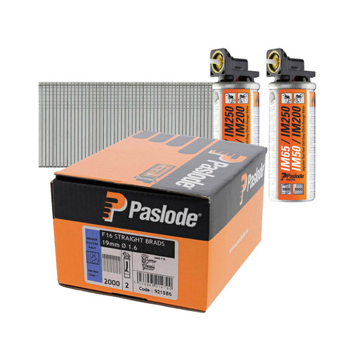 Paslode 921586 19mm F16 Galvanised Straight Brad Nails for IM65 (2000 Pack + 2 Fuel Cells)