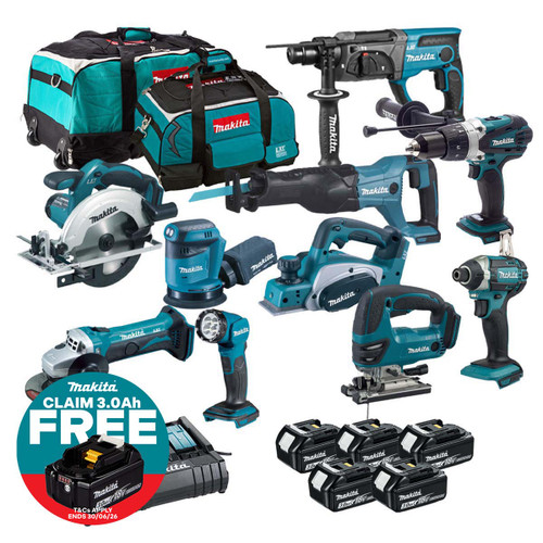 Makita MAKKIT10X53 18V LXT Cordless 10 Piece Power Tool Kit with 5x 3.0Ah Batteries