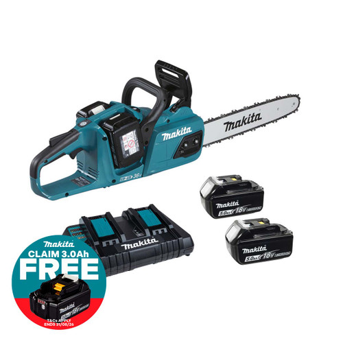 Makita DUC355PT2 Twin 18V LXT Brushless 350mm Chainsaw with 2x 5.0Ah Batteries