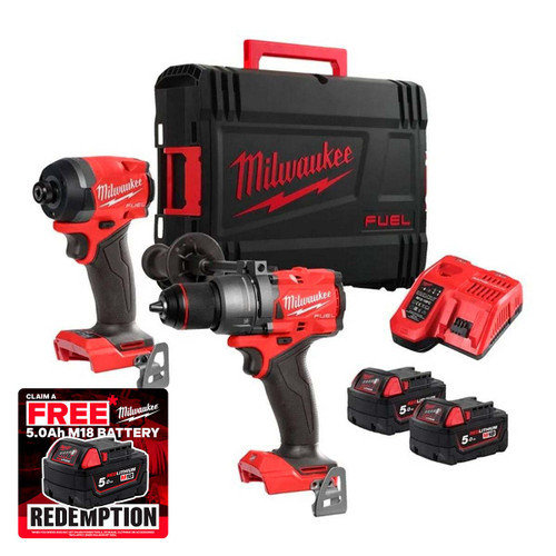 Milwaukee M18 FPP2A3-502X 18V FUEL™ Twin Pack with 2x 5.0Ah Batteries, Charger and Case
