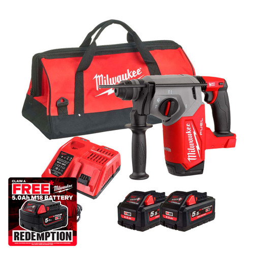 Milwaukee M18 FH-552X 18V Fuel 4-Mode 26mm Brushless SDS Plus Hammer Drill with 2x 5.5Ah Batteries