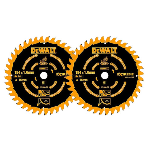 DeWalt DT1669-QZ 184 x 16mm 24T Circular Saw Blade for DCS365 (2 Pack)
