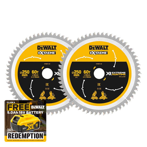 DeWalt DT99573 XR 250 x 30mm 60T Extreme Runtime Circular Saw Blade (2 Pack)