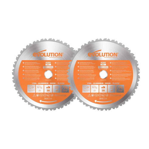 Evolution RAGEBLADE255MULTI Multi-Material Cutting TCT Mitre & Table Saw Blade 255mm x 25.4mm x 28T (2 Pack)