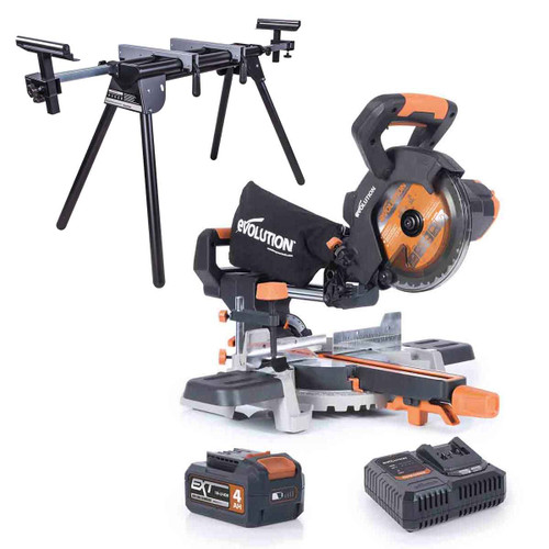 Evolution Cordless R185SMS-Li 185mm Sliding Mitre Saw with Stand & 4.0Ah Battery