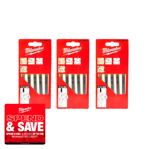 Milwaukee 4932346079 75mm Wood Jigsaw Blades T101BR (15 Pack)