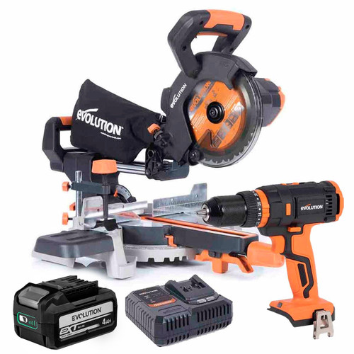 Evolution R185SMS-LI 185mm 18V EXT Cordless Sliding Mitre Saw with 1x 4.0Ah Battery and Free Combi Drill