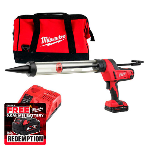 Milwaukee C18 PCG600T-201B M18™ Caulk Gun with 600ml Transparent Tube and 1 x 2.0Ah Battery