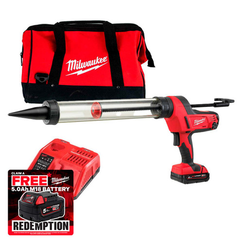 Milwaukee C18 PCG600T-201B M18™ Caulk Gun with 600ml Transparent Tube and 1 x 2.0Ah Battery