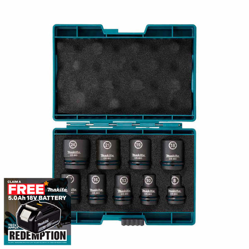 Makita E-16564 1/2 Inch Square Drive Impact Socket Set with Case, Black (9 Pieces)
