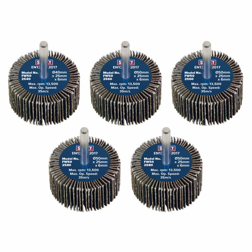 Sealey FW5025ASS 50 x 25mm Abrasive Flap Wheel on 6mm Shaft Assorted Grit (5 Pack)