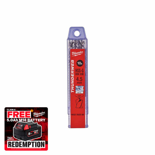 Milwaukee 4932352386 Thunderweb 4.5 x 80mm HSS-Ground Metal Drill Bit (10 Pack)