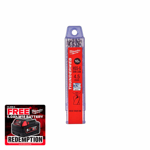 Milwaukee 4932352386 Thunderweb 4.5 x 80mm HSS-Ground Metal Drill Bit (10 Pack)