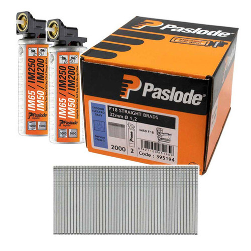 Paslode 395194 F18 1.2 x 32mm Electro Galvanised Straight Brads for IM50 (2000 Pack & 2 Fuel Cells)