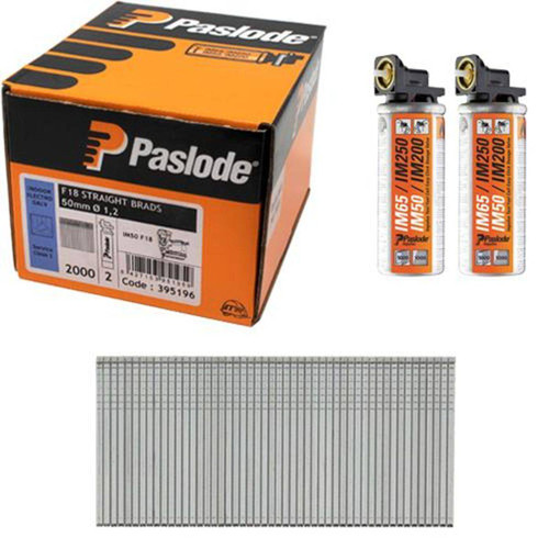 Paslode 395196 F18 1.2 x 50mm Electro Galvanised Straight Brads for IM50 (2000 Pack & 2 Fuel Cells)