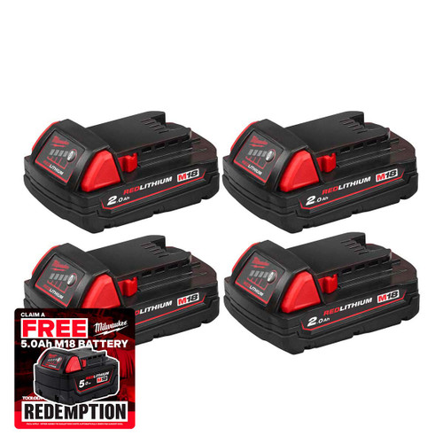 Milwaukee M18B2 18V 2.0Ah Redlithium-ion Slide Batteries (4 Pack)