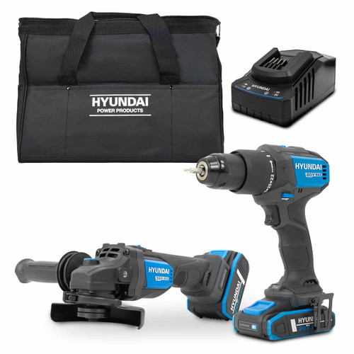 Hyundai S02-FTB 20V Cordless Hammer Drill 60Nm and Angle Grinder 115mm Brushless Kit