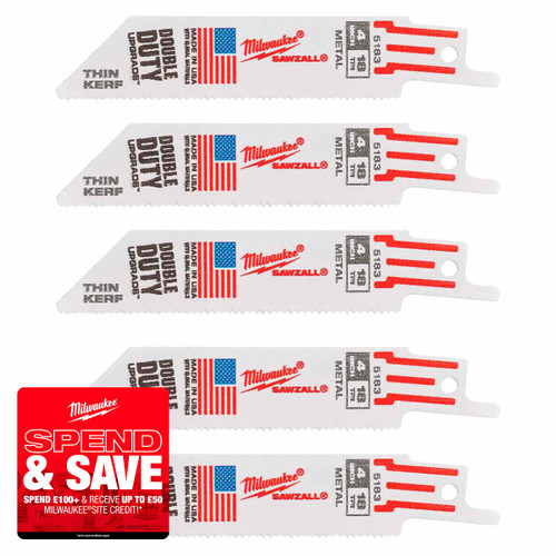 Milwaukee 48475183 SAWZALL Reciprocating Saw Thin Kerf Blade 100mm x 18TPI (5 Pack)