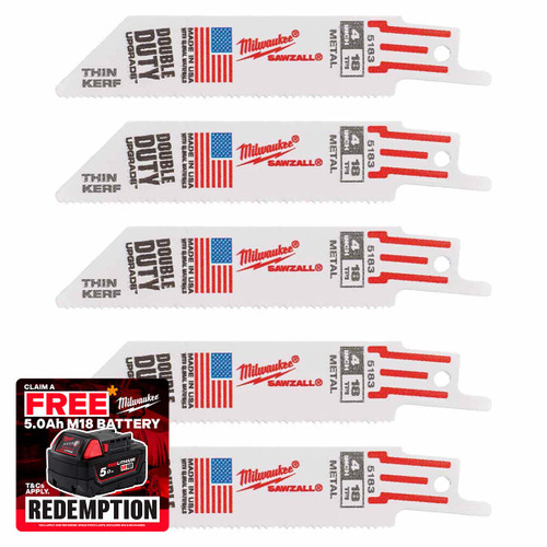 Milwaukee 48475183 SAWZALL Reciprocating Saw Thin Kerf Blade 100mm x 18TPI (5 Pack)