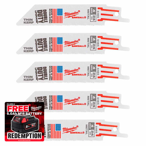 Milwaukee 48475185 SAWZALL Reciprocating Saw Thin Kerf Blade 100mm x 24TPI (5 Pack)