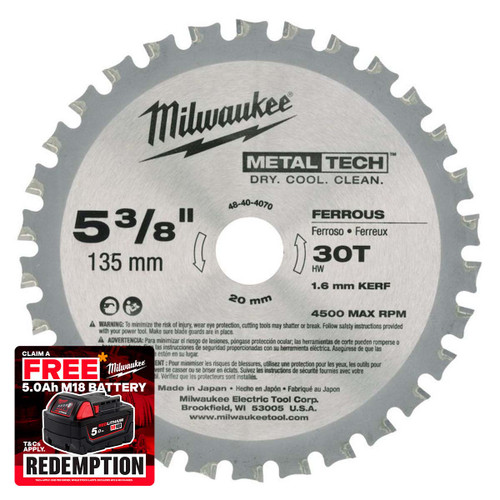 Milwaukee 48404070 Metal Circular Saw Blade 135mm x 20mm x 30T