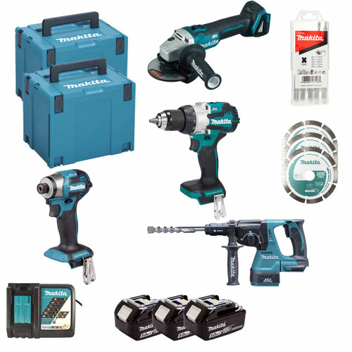Makita DLX4195JX1 18V Cordless 4 Piece Kit with 3× 5.0Ah Batteries, Charger, 2× Makpac Case, Bit Set & Diamond Wheel
