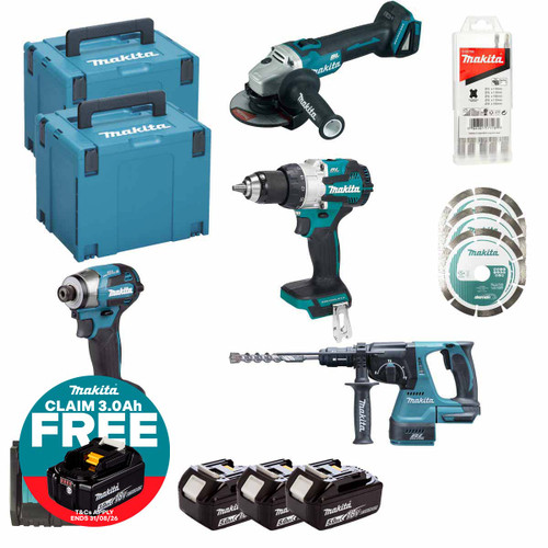 Makita DLX4195JX1 18V Cordless 4 Piece Kit with 3× 5.0Ah Batteries, Charger, 2× Makpac Case, Bit Set & Diamond Wheel