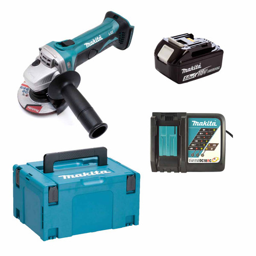 Makita DGA452STJ 18V LXT Cordless 115mm Angle Grinder Kit with 1× 5.0Ah Batteries, Charger & Makpac Case
