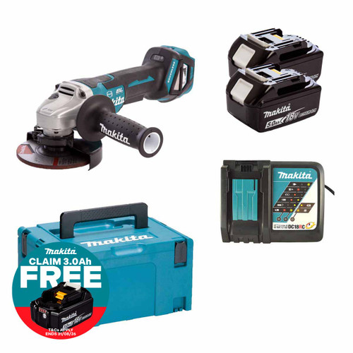 Makita DGA517RTJ 18V LXT Cordless Brushless 125mm Angle Grinder Kit with 2× 5.0Ah Batteries, Charger & Makpac Case
