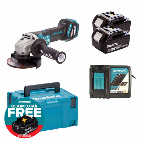 Makita DGA517RTJ 18V LXT Cordless Brushless 125mm Angle Grinder Kit with 2× 5.0Ah Batteries, Charger & Makpac Case