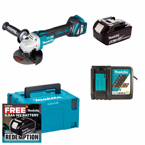 Makita DGA513STJ 18V LXT Cordless Brushless 125mm Angle Grinder Kit with 1× 5.0Ah Battery, Charger & Makpac Case