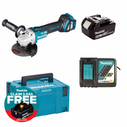 Makita DGA513STJ 18V LXT Cordless Brushless 125mm Angle Grinder Kit with 1× 5.0Ah Battery, Charger & Makpac Case